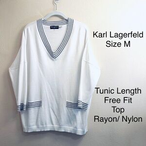 Karl Lagerfeld Knit Tunic Top Sweater V-Neck Free Fit 3/4 sleeve